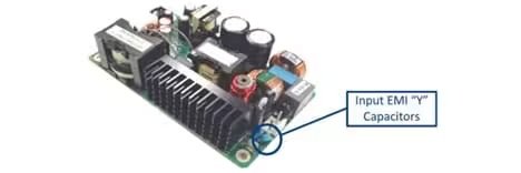 A close-up of an electronic circuit board featuring various components, including capacitors, coils, and heat sinks. A callout highlights the location of the input EMI 'Y' capacitors on the board.