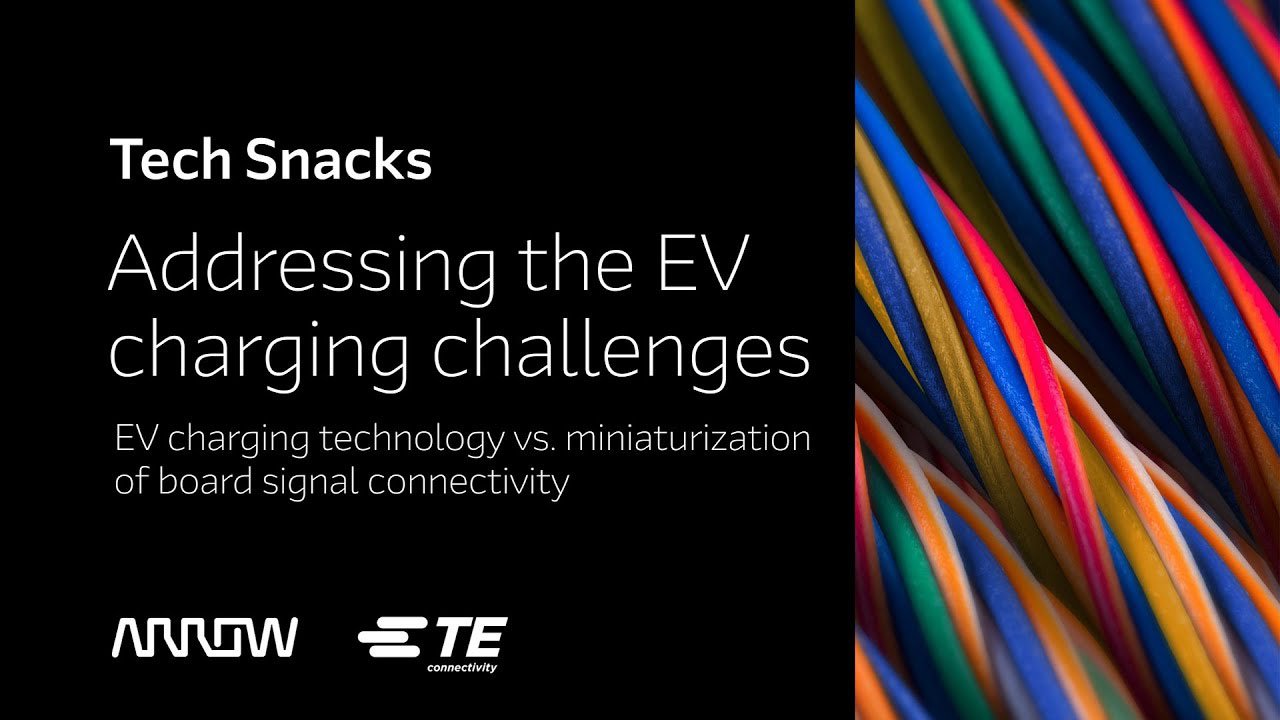 A promotional graphic highlighting EV charging technology and miniaturization of board signal connectivity. 