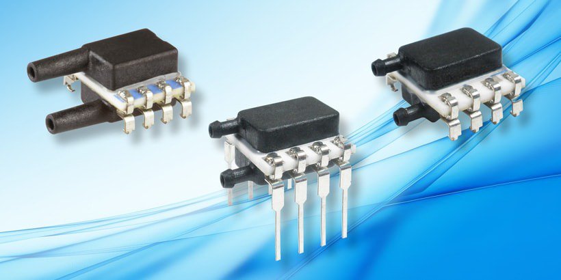 Three electronic pressure sensors are displayed against a blue gradient background