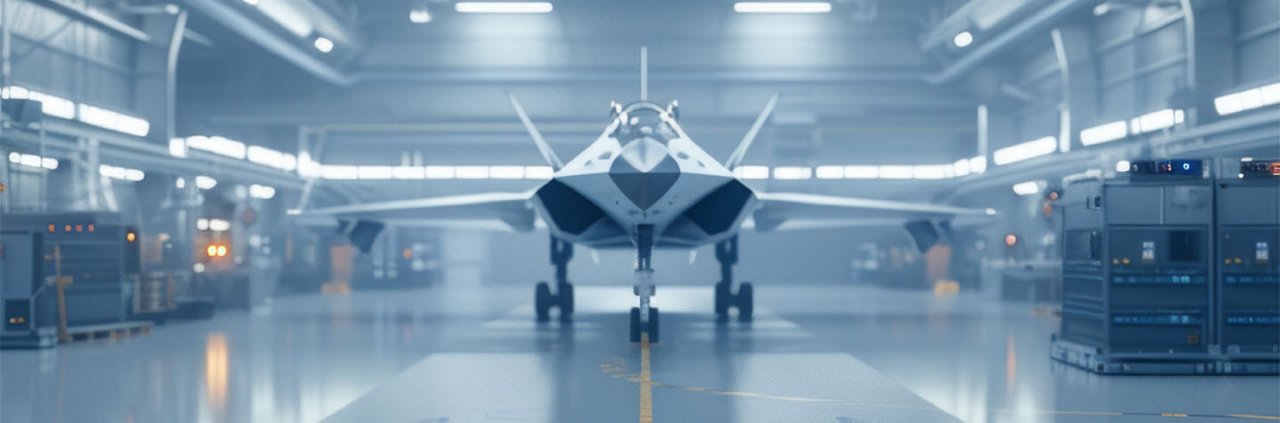 A sleek stealth fighter jet is positioned in the center of a high-tech, futuristic hangar. 