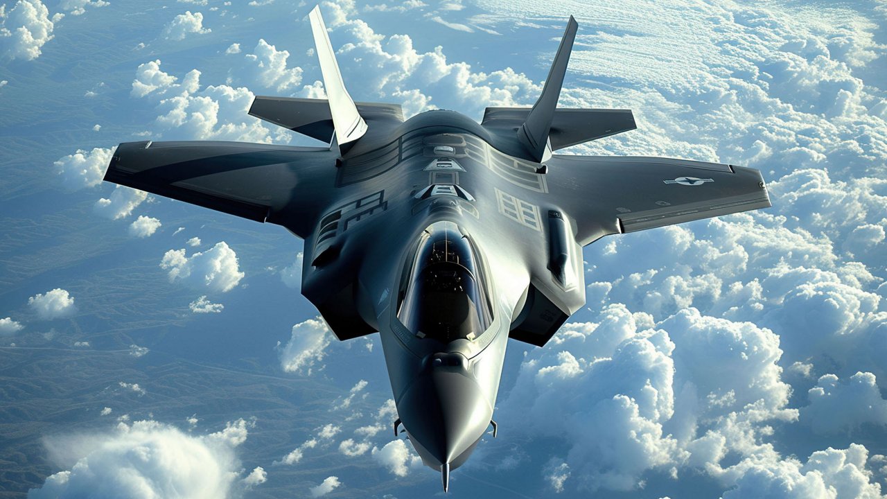 A sleek military aircraft is captured mid-flight above a dense laye