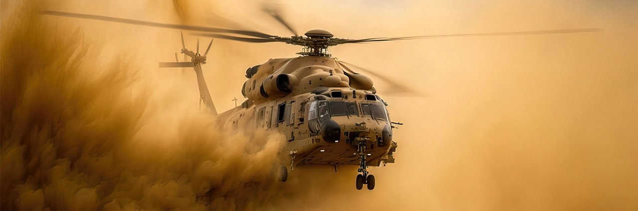 A large military helicopter navigates through a dense desert sandstorm, creating a dramatic visual effect. 