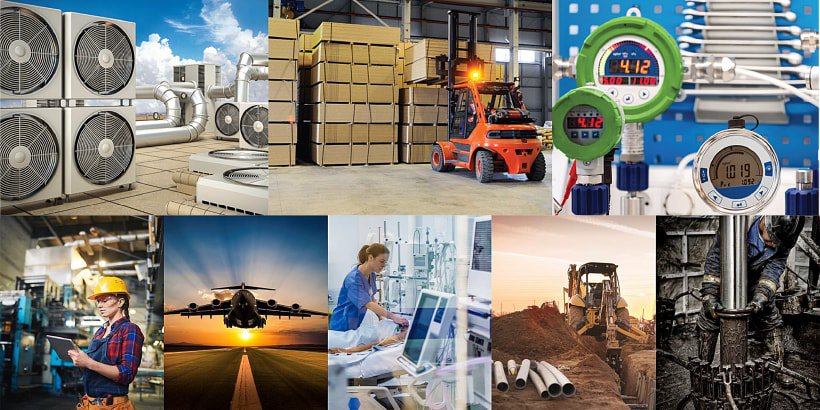 Collage of industrial equipment and diverse work settings