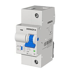 A Hongfa circuit breaker featuring a prominent blue switch and white casing. 
