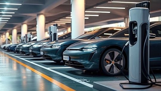 A row of sleek electric cars parked in a well-lit, modern parking garage, connected to charging stations.