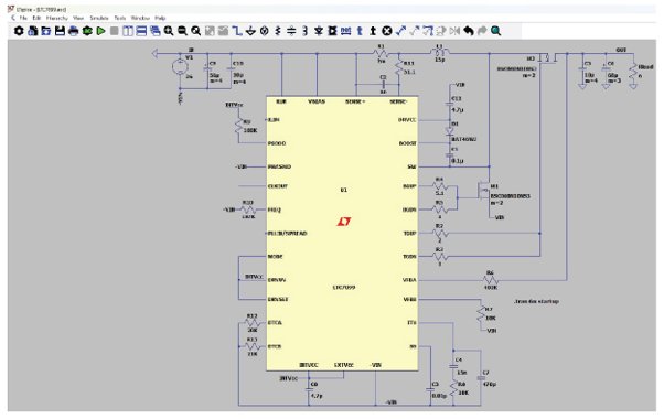 The image shows an electronic circuit schematic displayed within a LTspice simulation software window. A large central integrated circuit block is surrounded by multiple resistors, capacitors, diodes, and other components connected in a detailed layout. The LTspice interface toolbar and menus are visible at the top, indicating an active design or analysis session. Various component labels and node names are present throughout the schematic, though most are too small to read clearly.