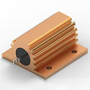 A gold-colored aluminum housed power resistor is shown in close-up against a plain white background. The resistor features a ribbed heatsink design and two mounting holes on its base. One electrical terminal is visible protruding from the side. 