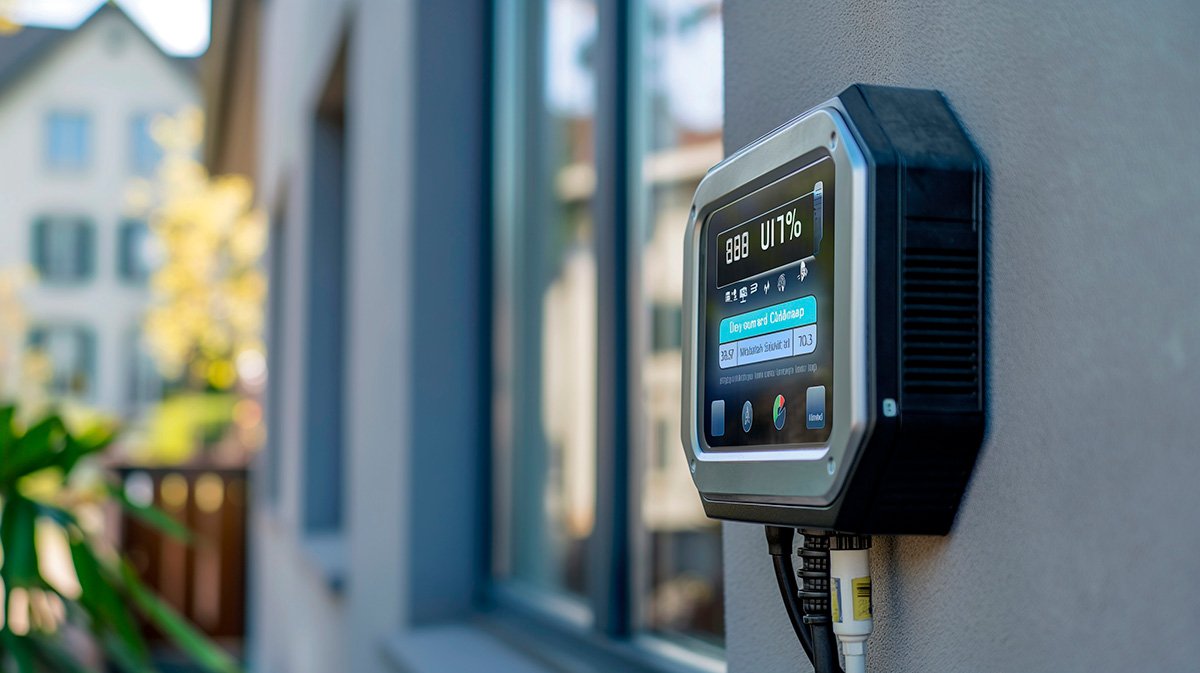 A compact electric vehicle charging station is mounted on the exterior wall of a modern building.