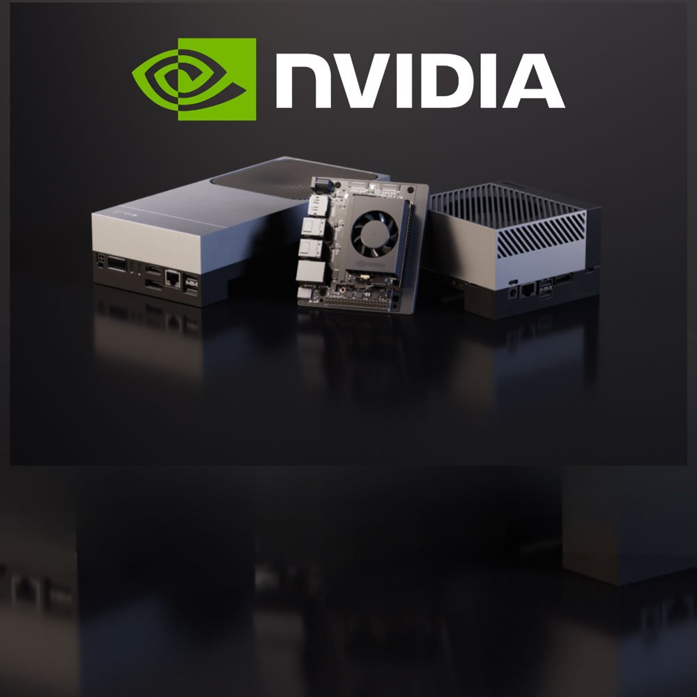 L’image montre plusieurs composants matériels NVIDIA disposés sur un fond de studio sombre.