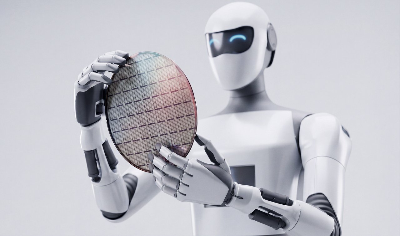 A sleek humanoid robot holds a circular semiconductor wafer in both hands