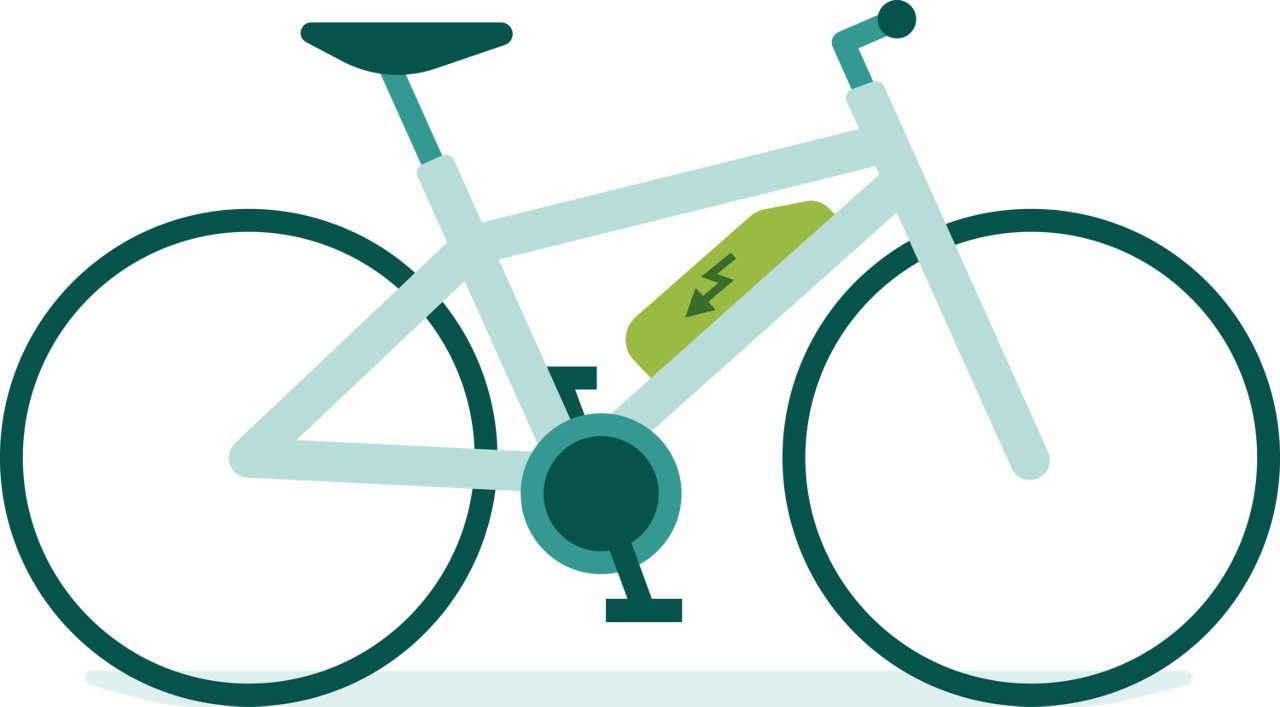A minimalistic illustration of a green electric bicycle with a battery pack mounted on the frame.