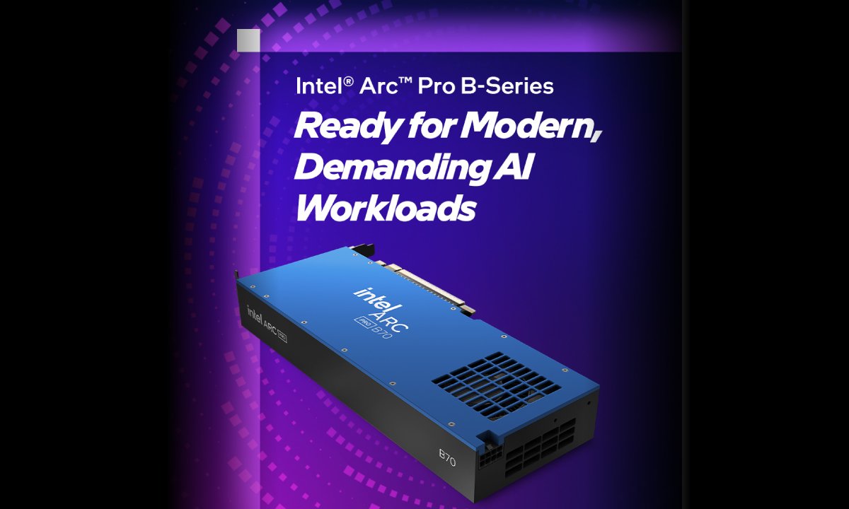 The image features an Intel Arc Pro B-Series graphics card prominently displayed against a vibrant purple background. 
