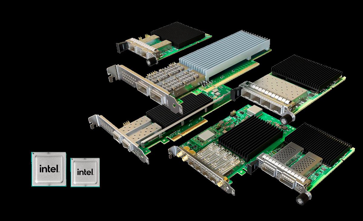 Several Intel server expansion cards are arranged on a black background, showcasing different heatsink and connector configurations. 