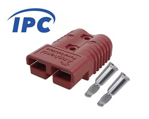 A red Anderson Powerpole electrical connector is shown alongside two metallic terminal contacts.