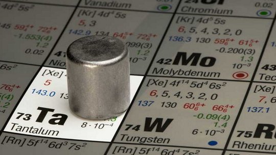 一个坚固的金属圆柱体放置在元素周期表上，特别突出显示元素钽（Ta），原子序数73。