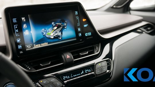 A close-up view of a modern car's dashboard features a digital energy monitor on the central screen. 