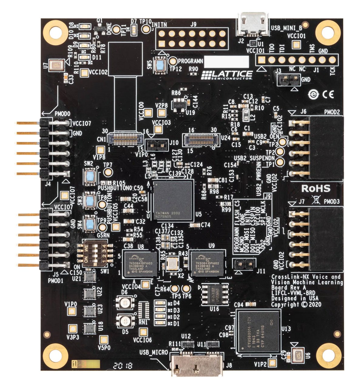 A Lattice branded circuit board, specifically the CrossLink-NX Voice and Vision Machine Learning board. The board features various integrated circuits, connectors, and labeled pin headers. The board is black with gold mounting holes.
