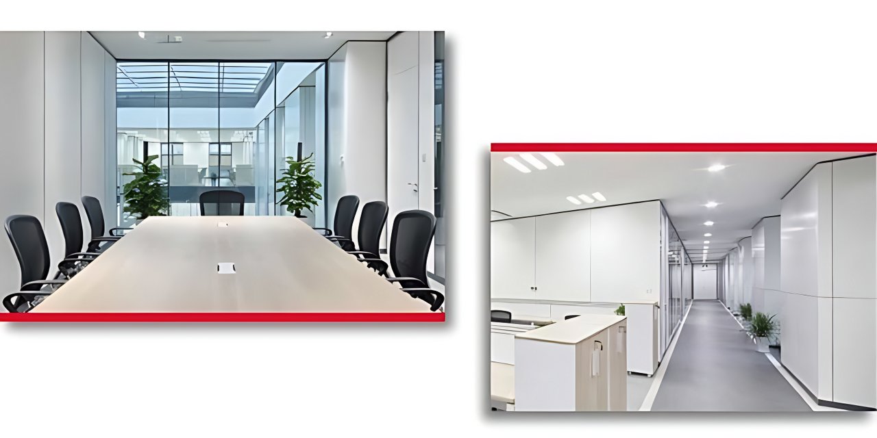 Uno spazio ufficio contemporaneo con una sala riunioni luminosa dotata di un grande tavolo e sedie.