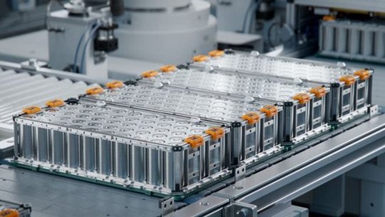 A close-up view of lithium-ion battery packs arranged on an automated assembly line in a factory setting. The batteries feature a metallic casing with visible cylindrical cells and orange connectors.