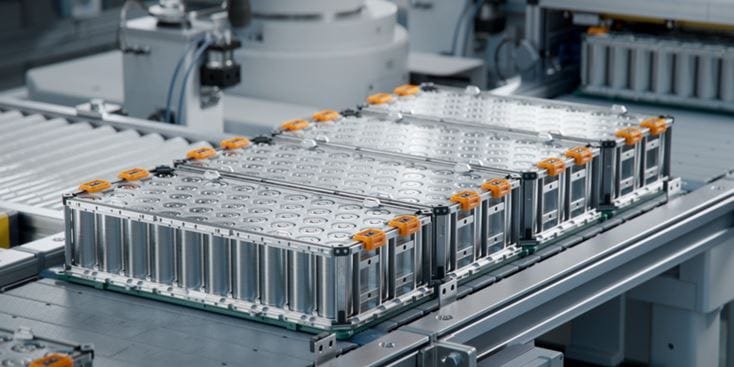 A close-up view of lithium-ion battery packs arranged on an automated assembly line in a factory setting. The batteries feature a metallic casing with visible cylindrical cells and orange connectors.