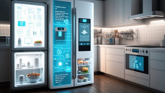 Un elegante refrigerador inteligente con compartimentos iluminados e interfaz digital exhibido en una cocina contemporánea.