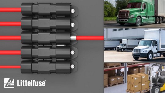 The image features Littelfuse electrical connectors with red wiring on the left, clearly displaying the Littelfuse name and logo. 