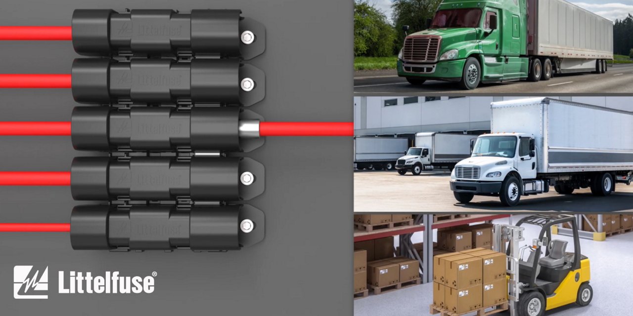 The image features Littelfuse electrical connectors with red wiring on the left, clearly displaying the Littelfuse name and logo. 