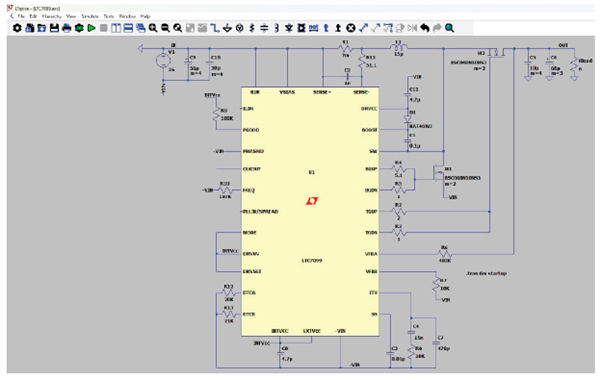 LTspice schematic showing an inverting boost converter configuration with the LTC7899 controller converting a negative input voltage to a positive output