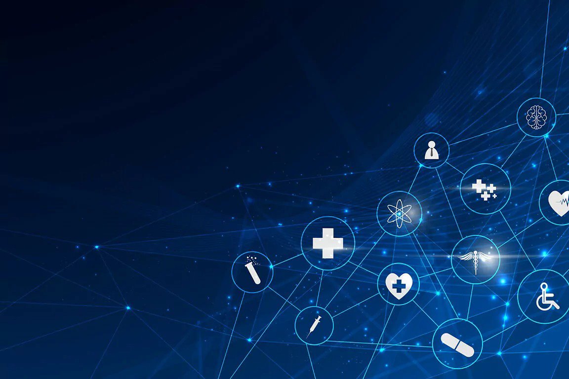 A futuristic digital network with interconnected healthcare-related icons, including a cross, heart, and medical symbols
