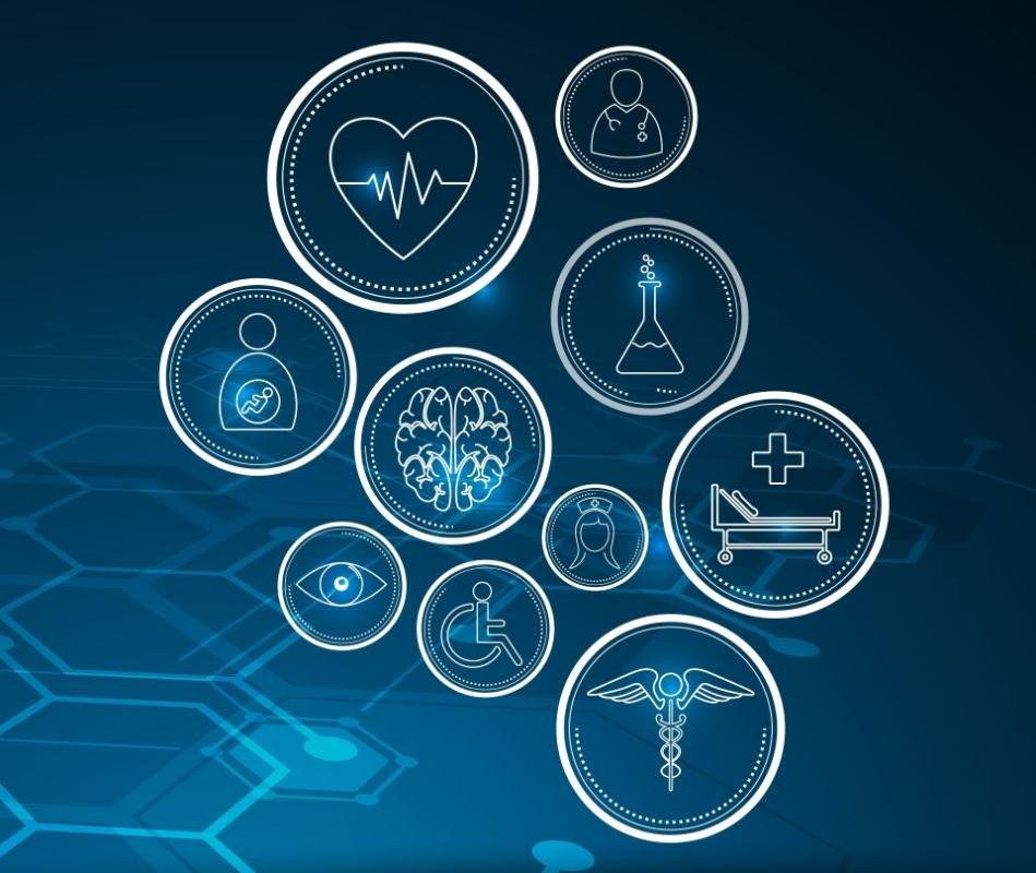 A collection of medical-themed icons displayed on a glowing blue hexagonal digital background