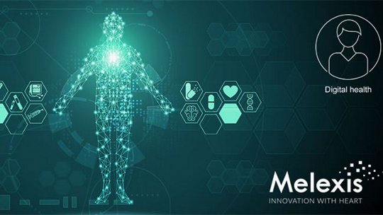 A futuristic digital illustration features a glowing human figure composed of interconnected data points and lines, representing digital health technology. The background includes various medical and health-related icons, such as pills, heart, and stethoscope, along with the visible text 'Digital health.' 