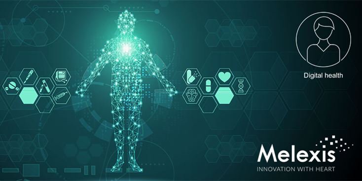 A futuristic digital illustration features a glowing human figure composed of interconnected data points and lines, representing digital health technology. The background includes various medical and health-related icons, such as pills, heart, and stethoscope, along with the visible text 'Digital health.' 