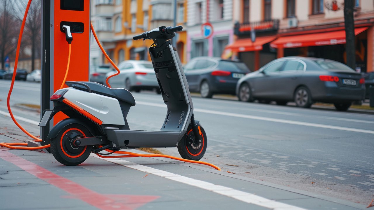A modern electric scooter is connected to a charging station on a city street.