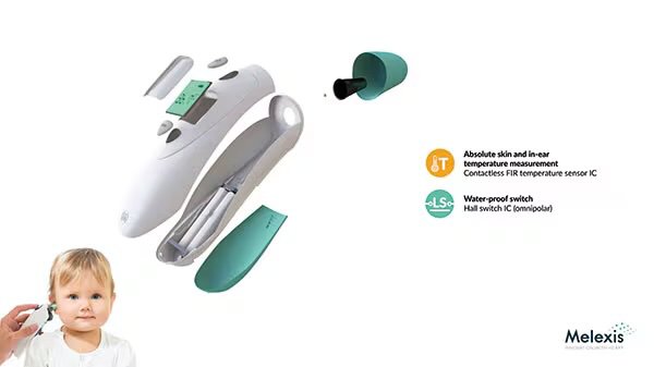 This image features a Melexis digital thermometer, shown in an exploded view to highlight its internal components, including a display and sensor. The device is designed for absolute skin and in-ear temperature measurement, utilizing a contactless FIR temperature sensor IC. A child is depicted using the thermometer, emphasizing its application for pediatric care. The visuals also mention a waterproof switch and provide technical details about the sensor and switch ICs.