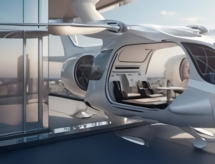 현대적인 도시 풍경의 고층 플랫폼에 세련되고 미래지향적인 개방형 객실 설계의 에어 택시가 정박해 있습니다.