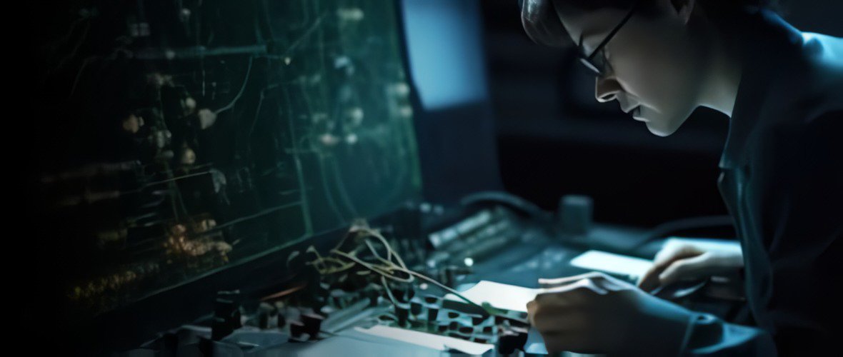 한 사람이 어둑한 환경에서 여러 화면과 장비가 있는 제어 스테이션에 앉아 있습니다.