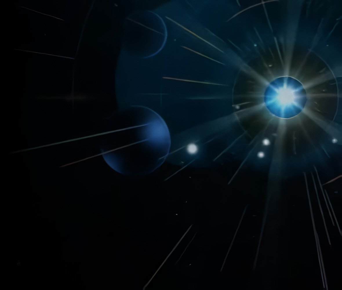 빛나는 푸른 별이 중심에 있고, 주변에 행성과 빛의 선이 펼쳐진 활기찬 우주 장면.