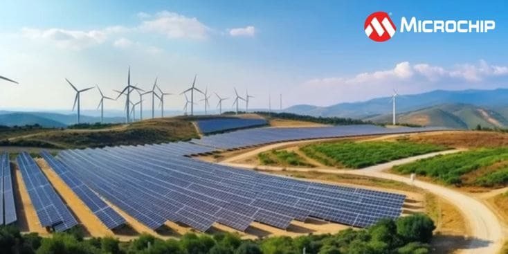 A large solar farm with rows of photovoltaic panels is set against a backdrop of wind turbines on rolling hills 