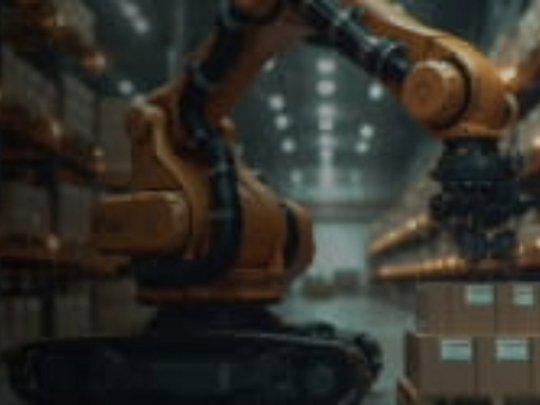 A large industrial robotic arm is seen organizing cardboard boxes in a spacious warehouse.