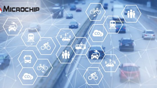 A blurred highway with multiple vehicles is overlaid by hexagonal icons representing various transportation modes, people, and CO2 emissions.