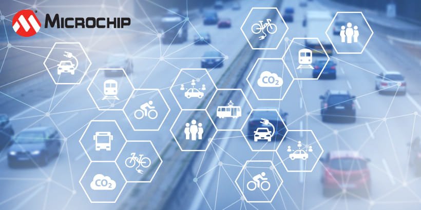 Una carretera borrosa con múltiples vehículos está superpuesta por íconos hexagonales que representan varios modos de transporte, personas y emisiones de CO2.