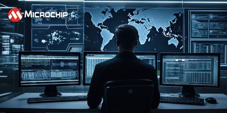 Un professionnel est assis dans une salle de contrôle sombre, analysant les données affichées sur plusieurs moniteurs.