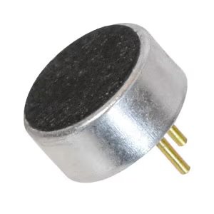 A close-up of a small cylindrical electret condenser microphone.  The device features a metallic body with a black mesh top and two gold pins extending from the bottom for electrical connection.