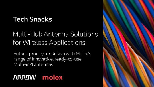 Promotional graphic showcasing Molex's innovative multi-hub antenna solutions designed for wireless applications. The image features vibrant, multicolored cables on the right side, emphasizing connectivity and technology.
