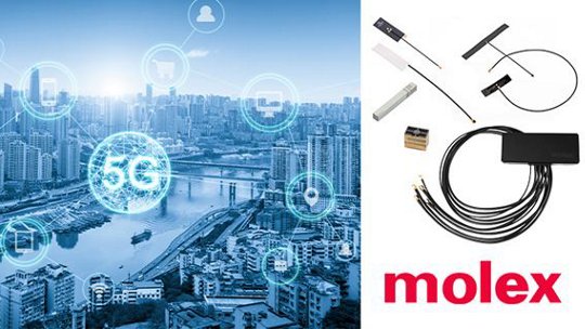 5G 네트워크 기술이 도시 풍경 위에 겹쳐져 있으며, Molex 연결 구성 요소가 표시됩니다.