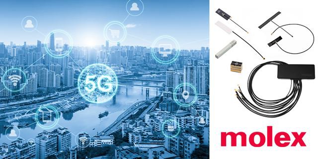 城市景观覆盖着5G网络技术，搭配展示Molex连接组件。