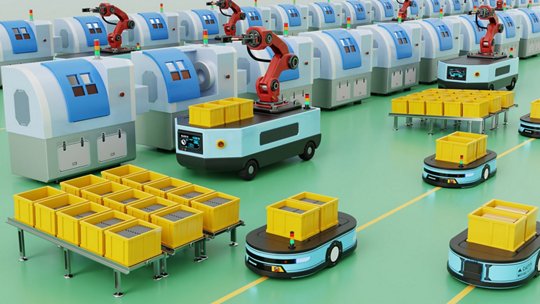 A modern factory setting featuring robotic arms and autonomous carts transporting yellow crates.
