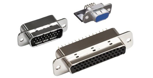 A set of metallic D-Sub connectors featuring different pin configurations and sizes