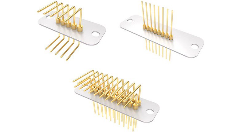 Three gold-plated electronic connectors are displayed against a clean white background