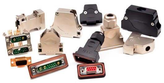 A collection of various industrial connectors and components displayed on a white background.